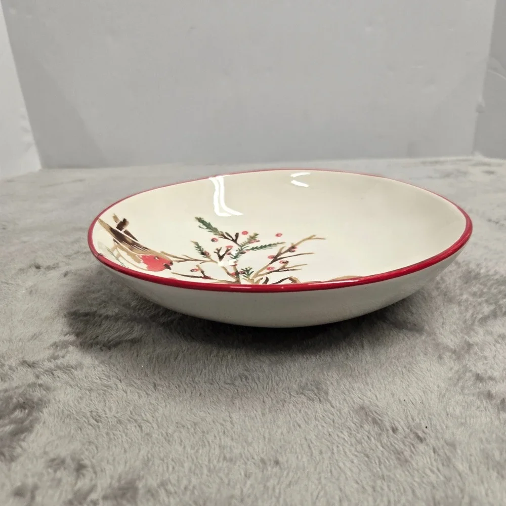 Papart Seramik Handpainted Turkey Robin Bird Winter Berry Ceramic Bowl 9.5